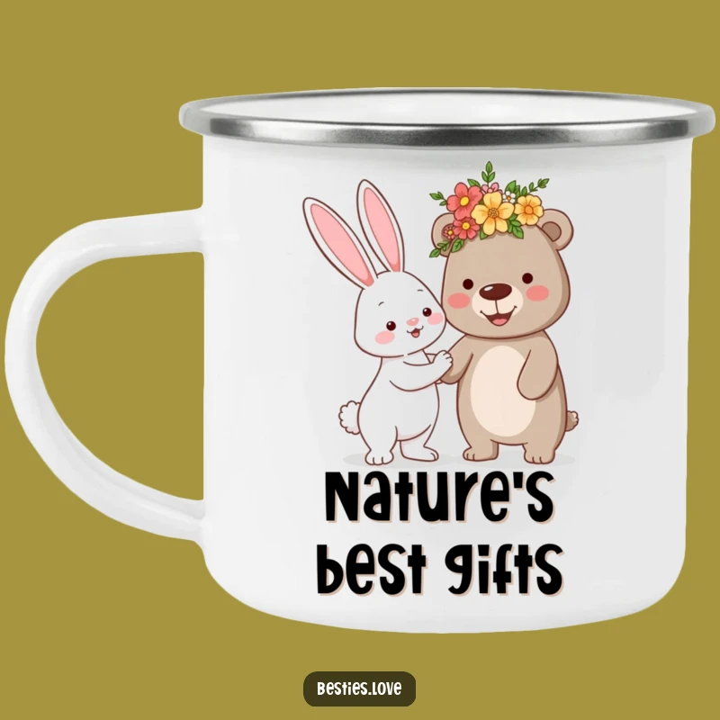 Funny Bunny Bear Flower Crown Camping Mug - Cute Enamel Cup for Outdoors