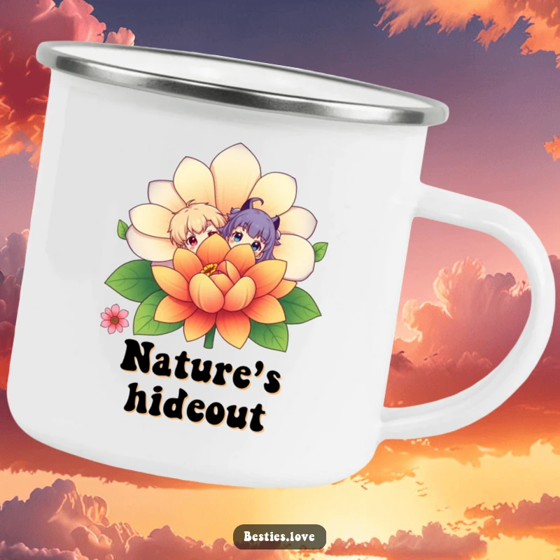 Funny Camping Mug: Two playful characters hide behind a giant flower, peeking out with smiles, ideal for humorous outdoor beverage enjoyment.