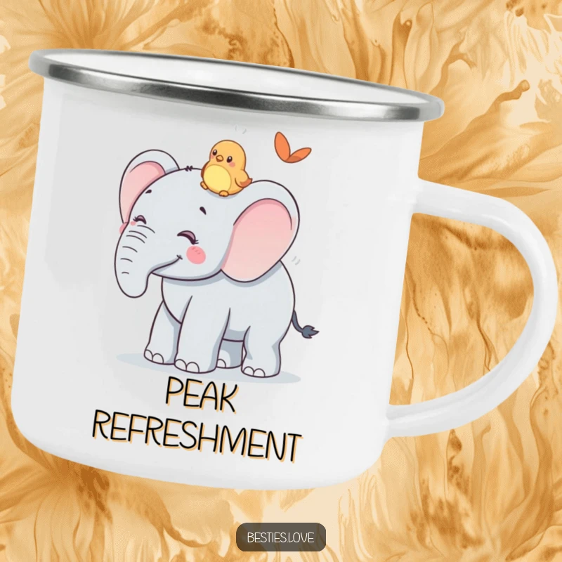 Funny Camping Mug: A smiling elephant offers a ride to a tiny bird friend, perfect for outdoor enthusiasts who appreciate gentle humor.