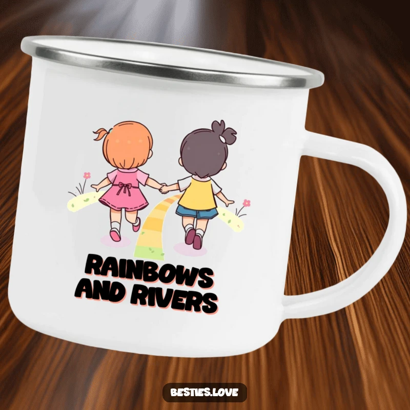 Funny Rainbow Friends Skipping Camping Mug showing two companions hand-in-hand, skipping along a vibrant rainbow path.