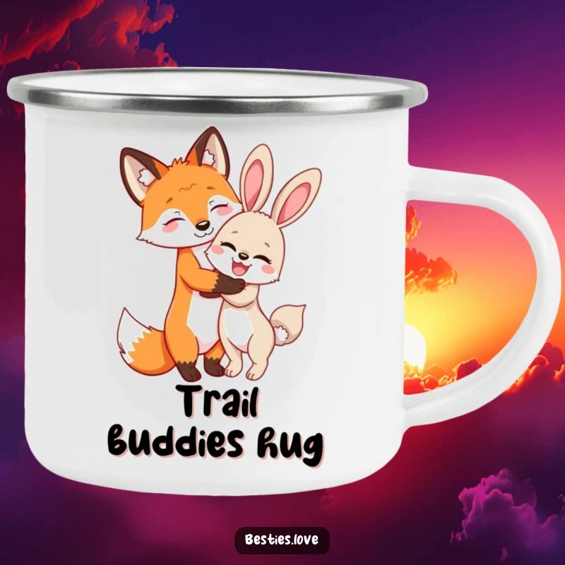 Funny Fox and Bunny Camping Mug: A durable mug showing a fox and bunny sharing a hug, perfect for friendship on the go.