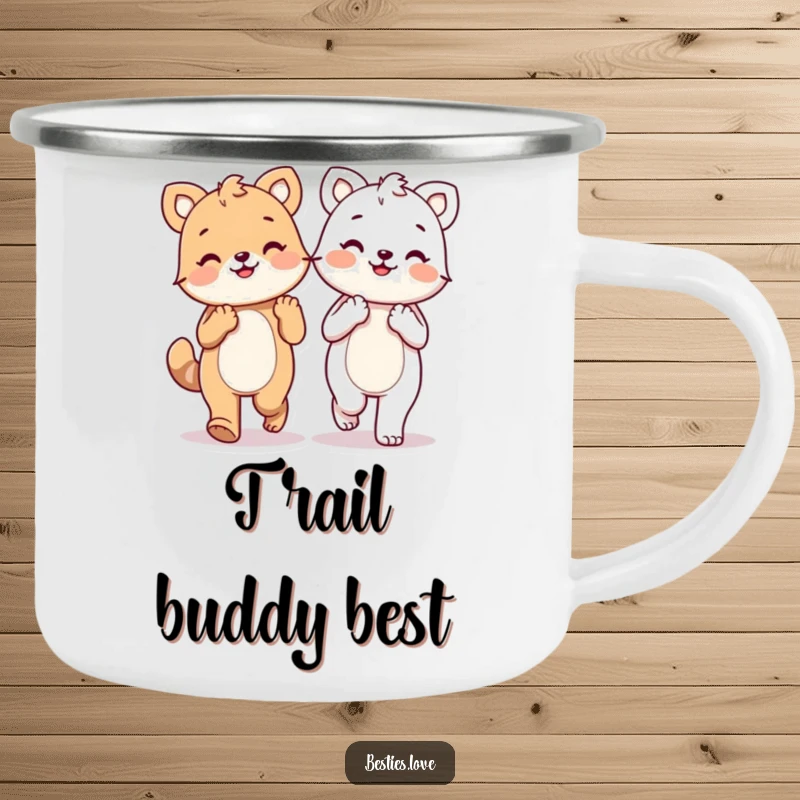 Funny kawaii animals holding paws and walking happily, a durable and humorous camping mug, great outdoor gift.