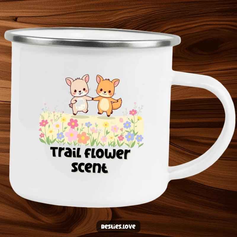 Funny animal friends camping mug showing two happy creatures holding hands and skipping through a field of flowers.
