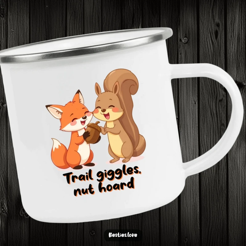 Funny camping mug showing a happy fox and a bouncy squirrel sharing a giant acorn and giggling, ideal for outdoor laughs and warm drinks.