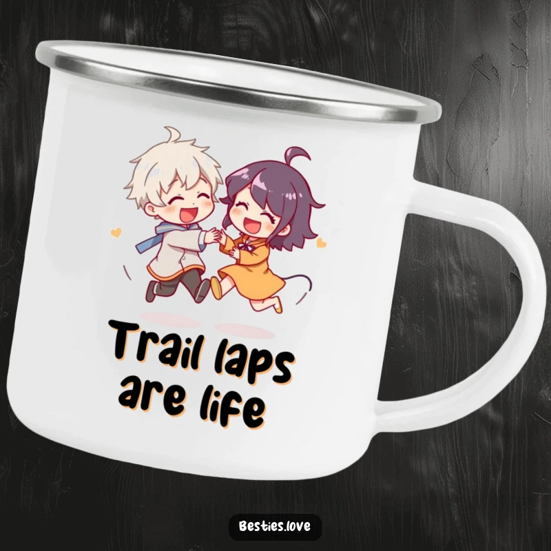 Funny Camping Mug featuring two characters in a lively chase, giggling, perfect for enjoying hot drinks during outdoor adventures with a humorous twist.