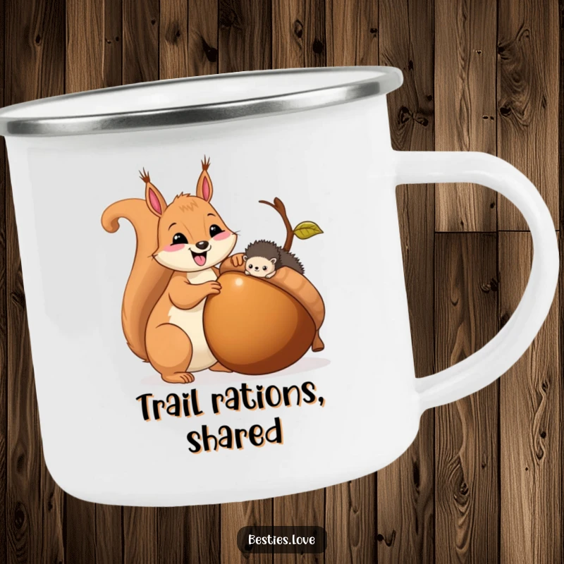 Funny camping mug with a squirrel and hedgehog sharing an acorn, ideal for outdoor adventures and cozy moments.