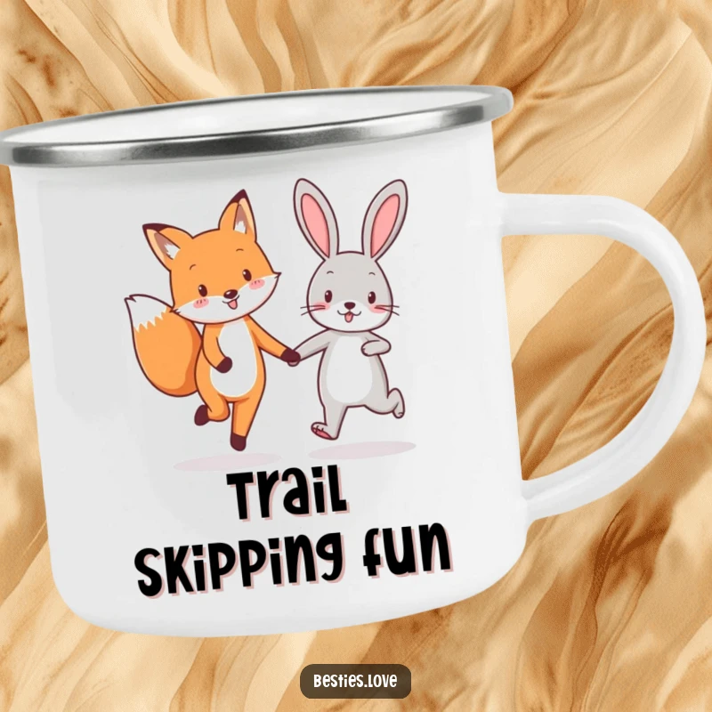 Funny fox and rabbit best friends camping mug, showing them skipping hand-in-hand, perfect for happy outdoor moments.