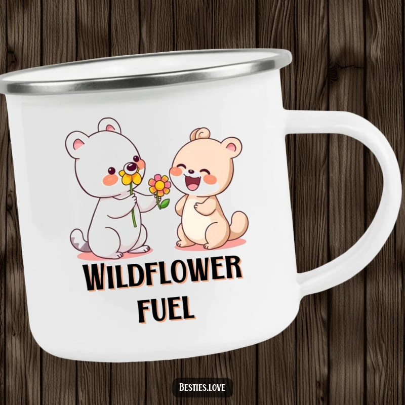 Funny camping mug with a cute animal offering a vibrant flower to a laughing friend, perfect for outdoor enjoyment.