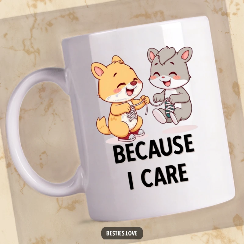 Funny mug depicting a smiling animal cheerfully helping another tie its shoelaces, embodying helpfulness and kindness with a humorous touch.