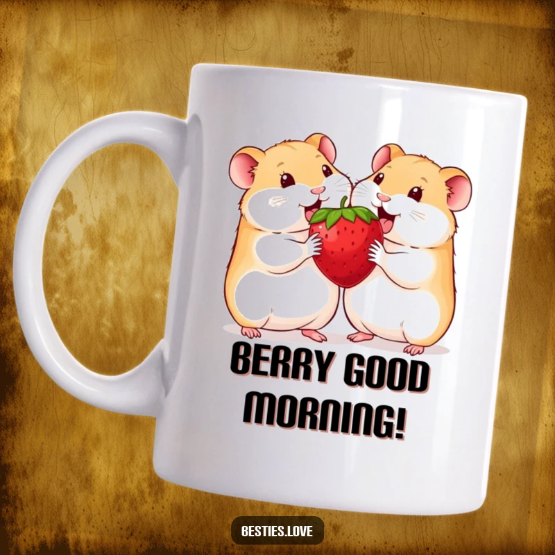 Funny hamster mug with two smiling hamsters delightedly sharing one enormous strawberry, symbolizing friendship and joy.