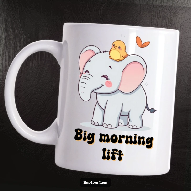 Funny Mug: A smiling elephant graciously offers a ride on its back to a tiny, happy bird friend, symbolizing gentle companionship.