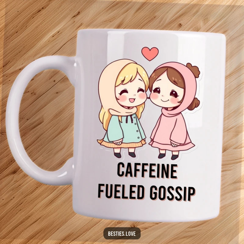 Funny coffee mug showing two smiling best friends leaning in close to whisper a secret message to each other, full of mischief.