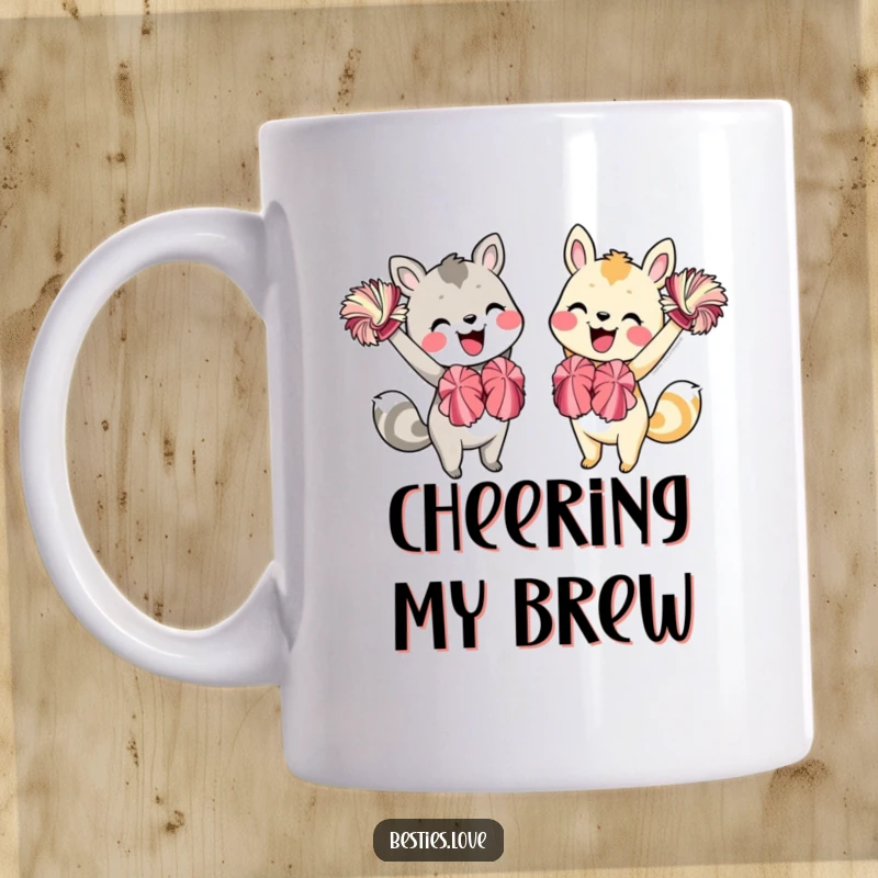 Funny Animal Friends Mug: Two enthusiastic animals cheering with pom-poms and big smiles, embodying support and positive vibes.