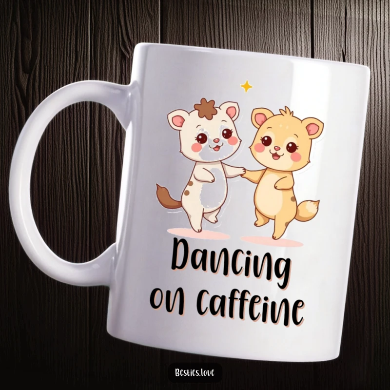 Funny Mug: Two animals joyfully dance with wide, starry eyes, radiating happiness and a sense of pure, hilarious fun.
