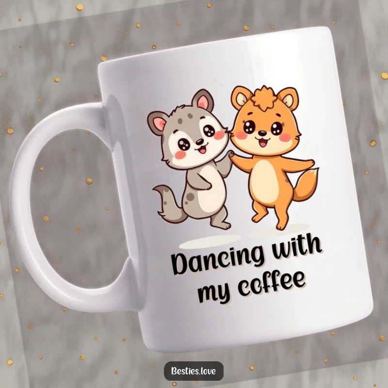 Funny mug with two animals dancing joyfully, both sporting cheerful, starry-eyed expressions, radiating pure happiness.