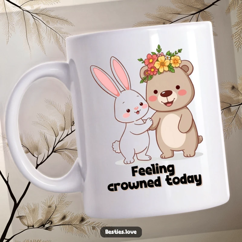 Funny mug featuring a cheerful bunny offering a silly flower crown to a happy bear, symbolizing friendship and playful joy.