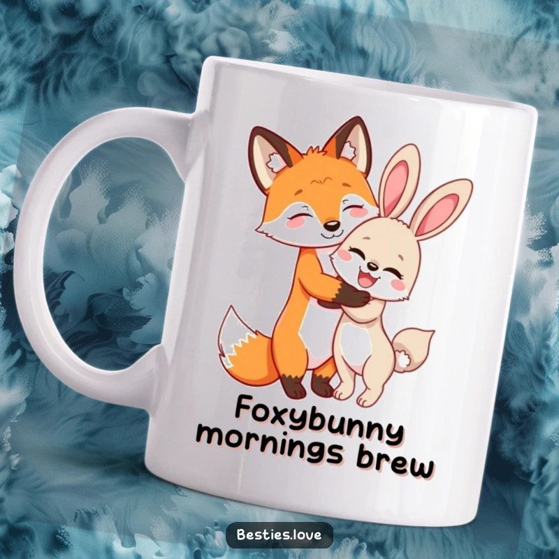 Funny Fox and Bunny Hug Mug: A playful fox and giggling bunny share a heartwarming secret hug, celebrating friendship.