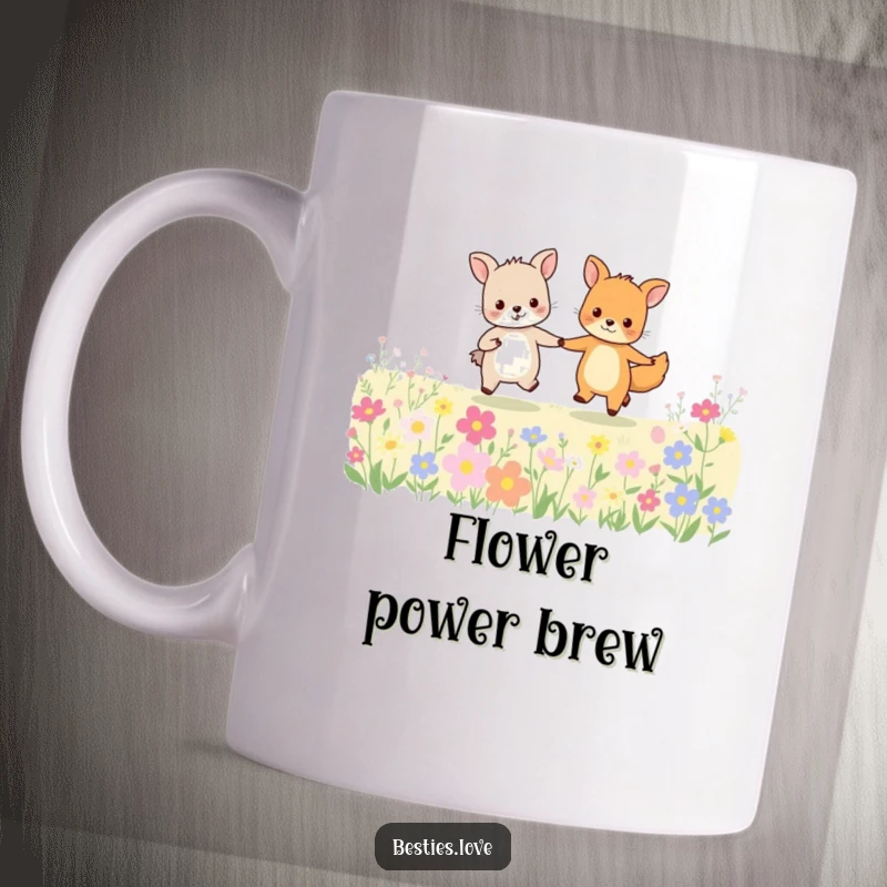 Funny animal friends mug showing two happy creatures holding hands and skipping gleefully through a colorful field of flowers.