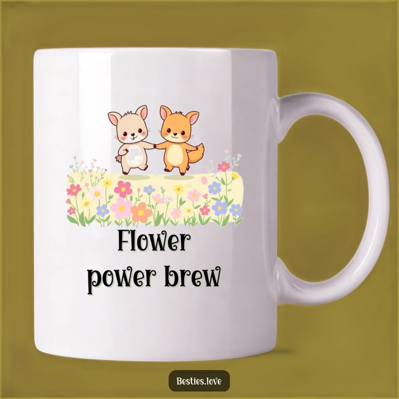 Funny Animal Friends Mug: Holding Hands and Skipping in Flowers