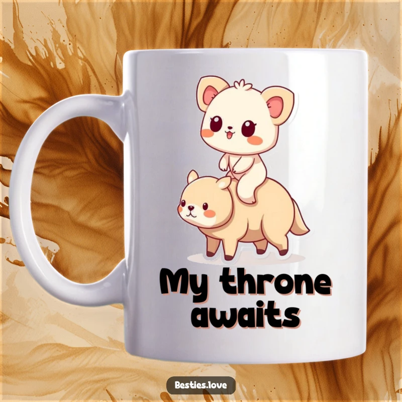 Funny Animal Friends Riding Mug showing a tiny creature happily perched on the back of a gentle, larger friend.