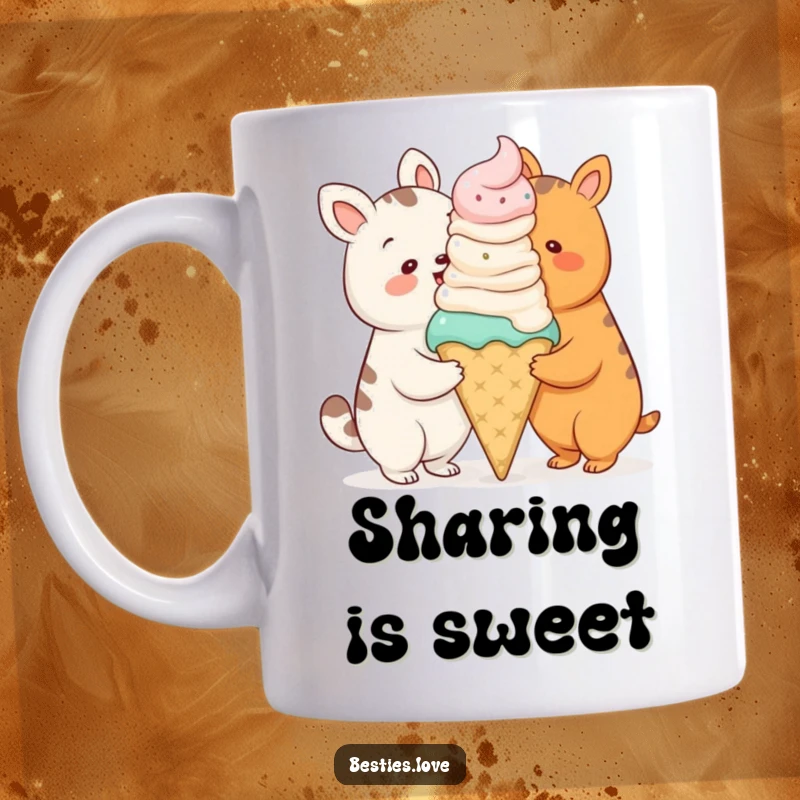 Funny mug with two happy cartoon animals sharing a comically huge ice cream cone, enjoying a sweet, messy treat together.