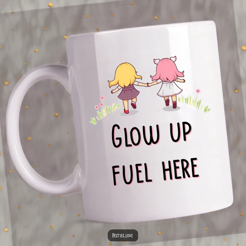 Funny coffee mug featuring two happy best friends holding hands and skipping joyfully along a vibrant, winding rainbow path.