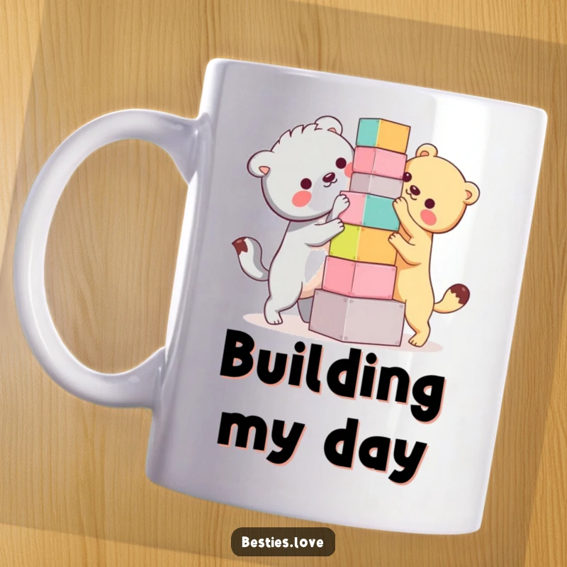 Funny Bestie Animals Mug: Two adorable animals hilariously attempting to build a precarious tower of colorful blocks, showcasing teamwork.