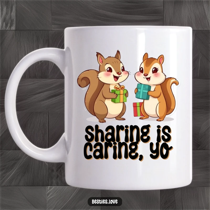 Funny mug with excited squirrel and chipmunk best friends exchanging colorful gift boxes, perfect for expressing friendship humor.
