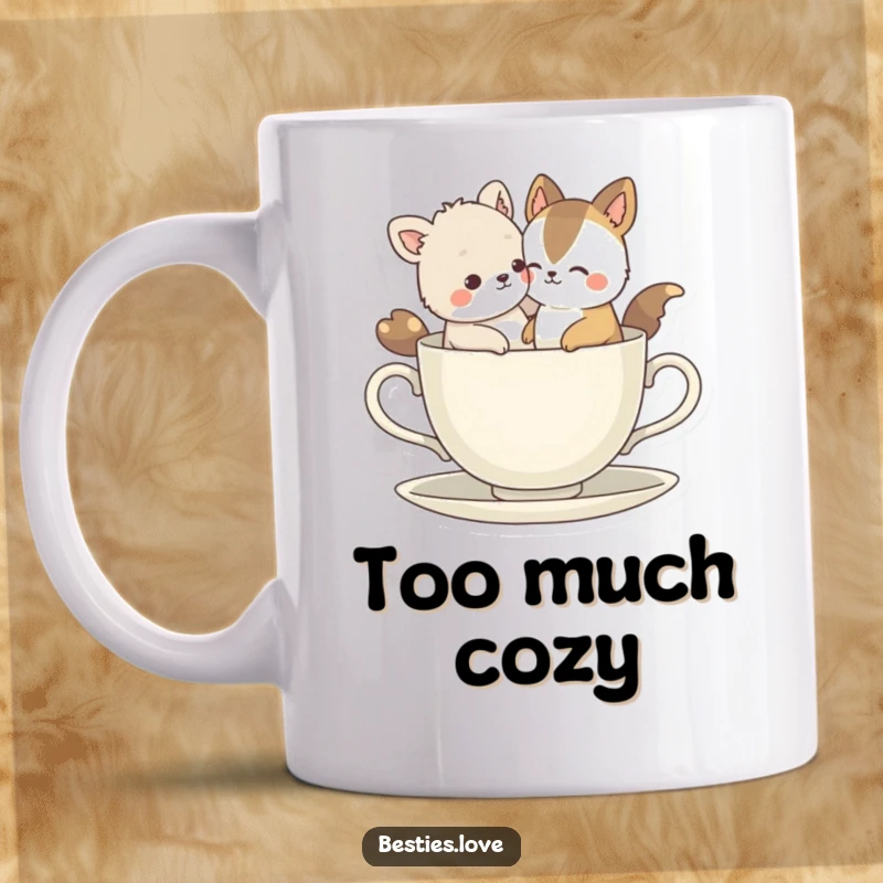 Funny Bestie Animals Mug: Two cute animals playfully squeeze into a tiny teacup, sharing a moment of pure joy and friendship.