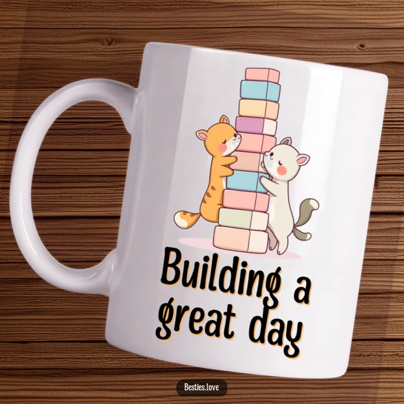 Funny bestie animal mug, two animal characters working together to build a ridiculously tall tower of blocks, friendship goals.