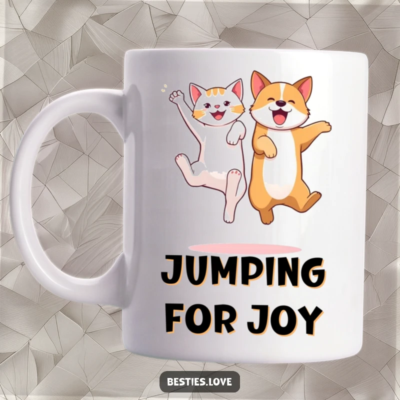 Funny mug showing a playful cat and dog jumping high, kicking their legs with excitement, celebrating energetic friendship.