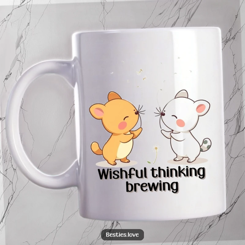 Funny Dandelion Wishes Animals Mug showing two creatures gently blowing dandelion seeds, sending wishes into the wind.