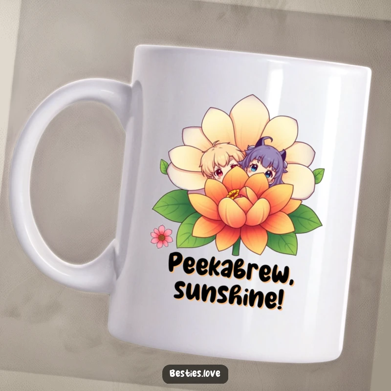 Funny Mug: Two mischievous characters play peek-a-boo from behind a huge, colorful flower in this joyful and amusing design.