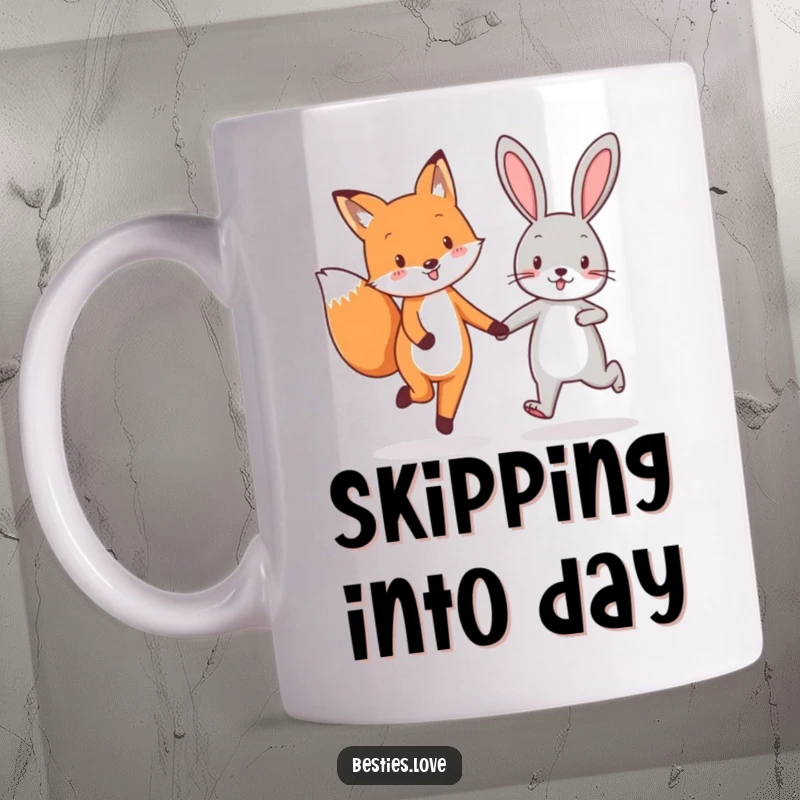 Funny fox and rabbit best friends mug, showing them holding hands and skipping with enthusiastic joy and smiles.