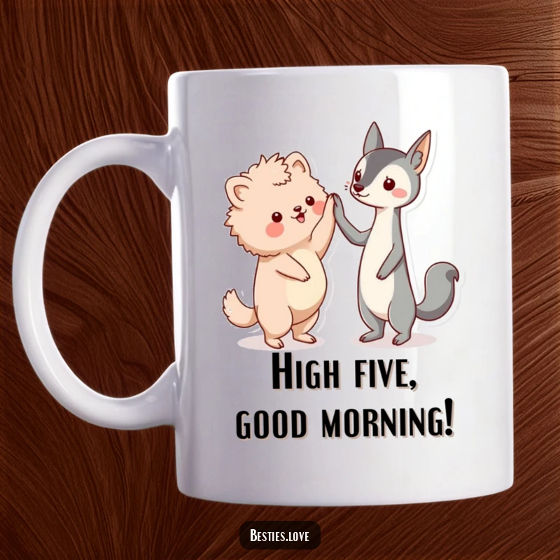 Funny kawaii animal friends mug, a fluffy and a sleek creature giving an enthusiastic high-five, celebrating friendship.