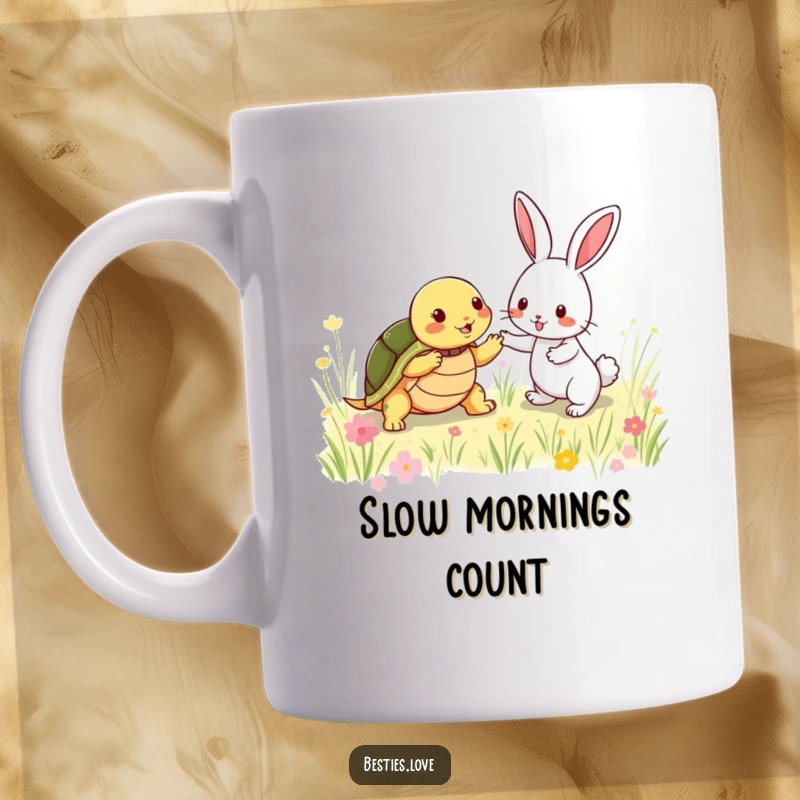 Funny Mug: A shy turtle and an energetic rabbit playfully tag each other in a meadow, showcasing an unlikely and humorous friendship.