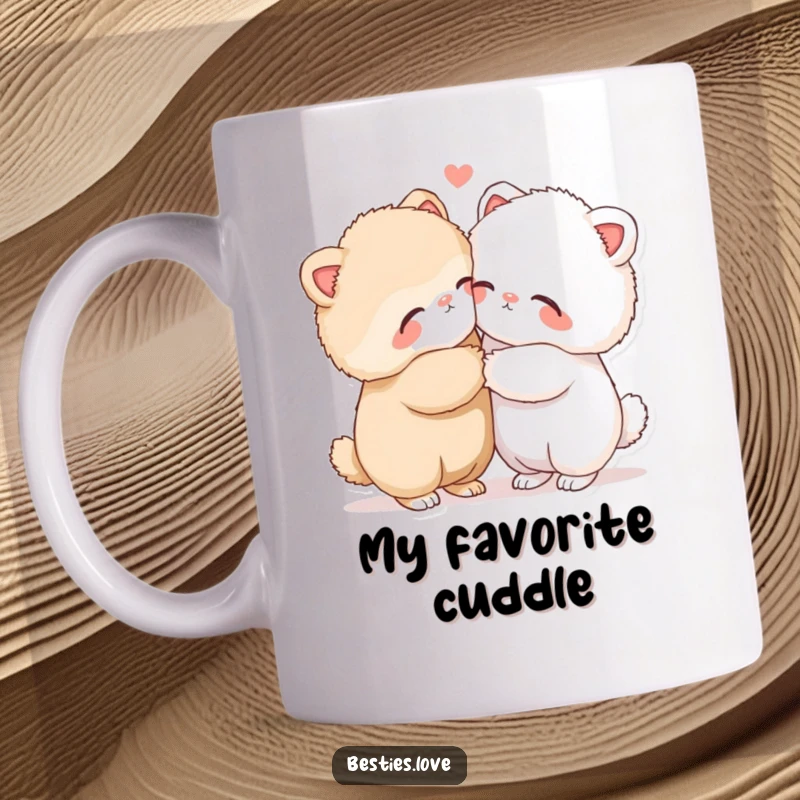 Funny mug depicting two fluffy animals embracing tightly with eyes closed, conveying deep affection and warmth, perfect for tea or coffee.