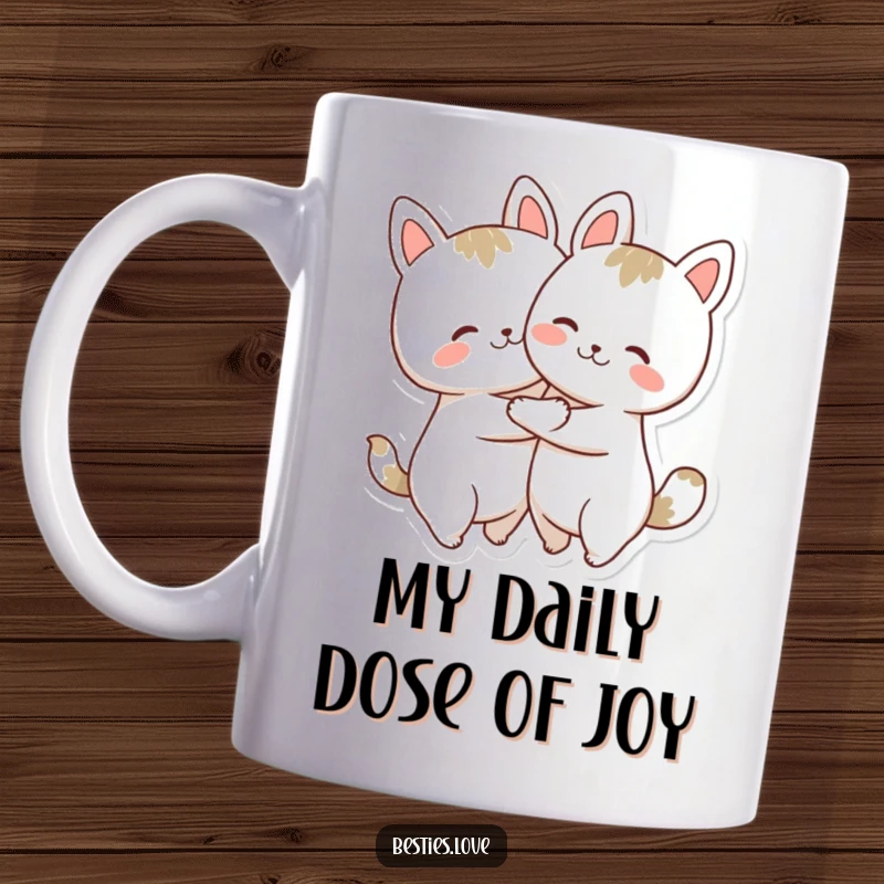 Funny Mug: Two cute, round animals hugging tightly with big smiles, expressing pure joy and friendship.