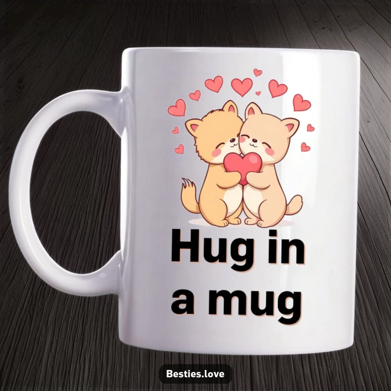 Funny Mug: Two animals in a loving embrace, eyes closed in bliss, with hearts gently floating around them.