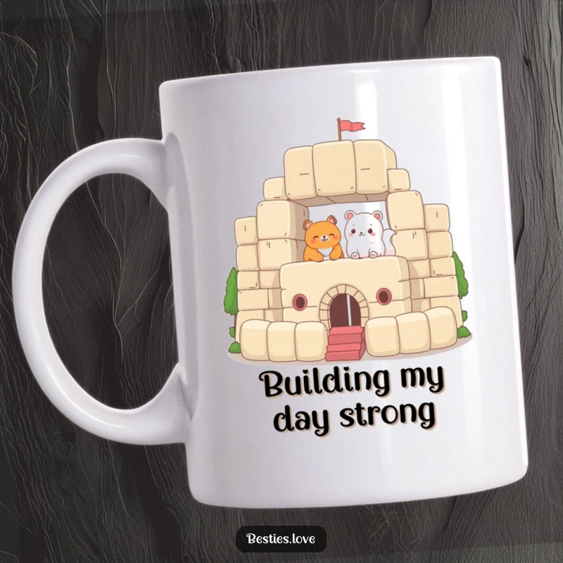 Funny Mug featuring two animals diligently building a magnificent fort using oversized plush blocks, embodying teamwork and playful imagination.