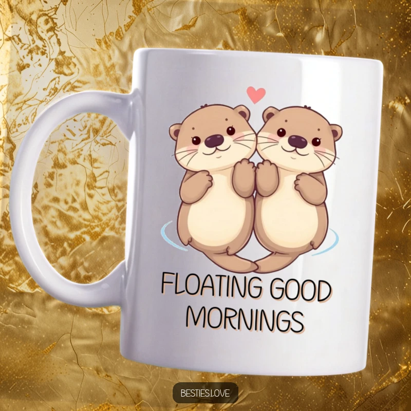 Funny mug with two cute otters floating on their backs in water, happily holding paws, symbolizing friendship and carefree joy.