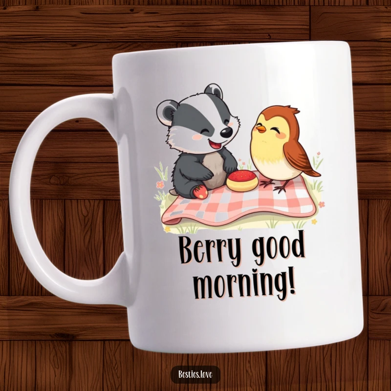 Funny Mug: A happy badger and cheerful robin share a picnic blanket, laughing heartily together, showcasing friendship and humor.
