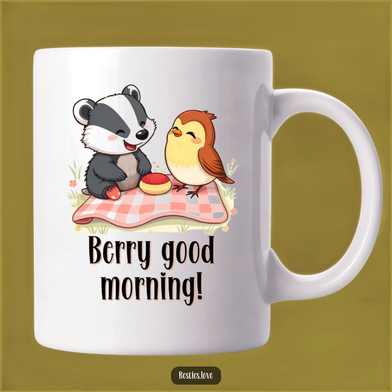 Funny Picnic Pals Mug: Happy Badger & Robin Sharing Laughs, Perfect Funny Gift