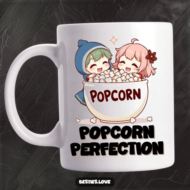 Funny Mug: Two characters laugh heartily while sharing popcorn from an comically oversized bowl, creating a scene of pure, hilarious joy.