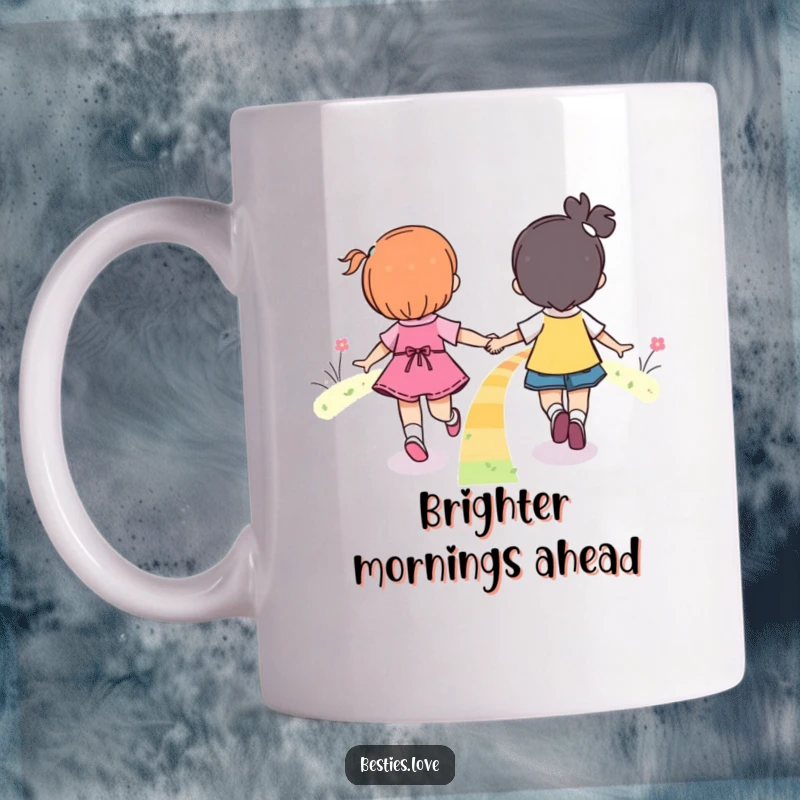 Funny Rainbow Friends Skipping Mug showing two companions holding hands, joyfully skipping along a vibrant rainbow path.