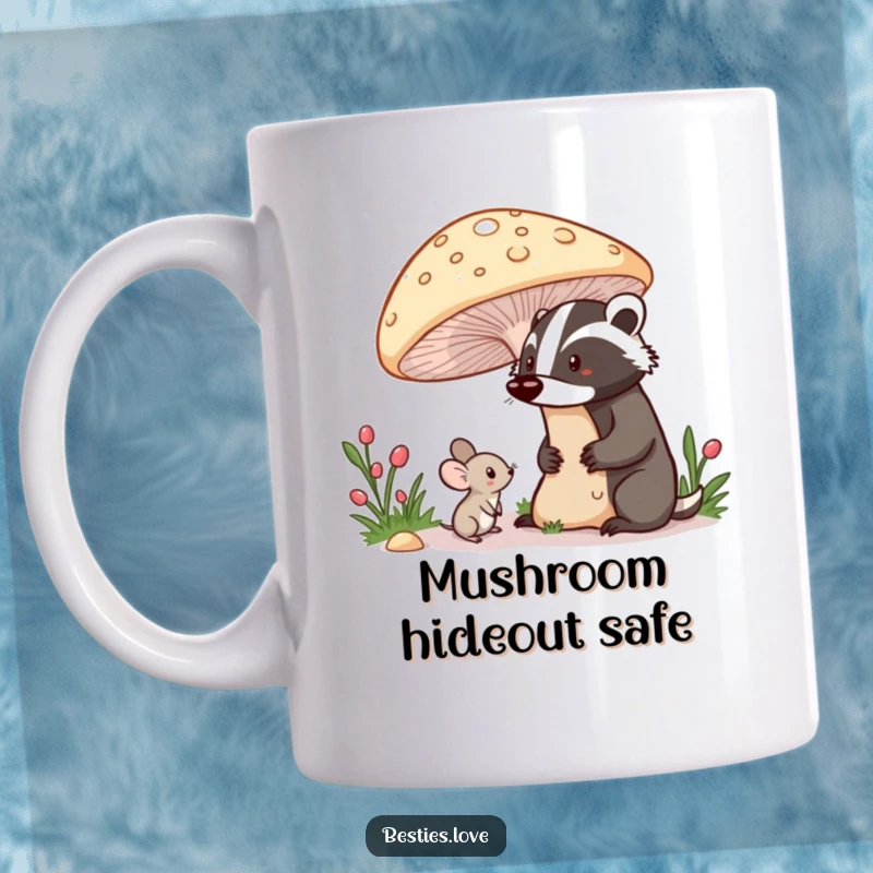 Funny mug depicting a shy mouse peeking from under a giant mushroom at a proud badger, symbolizing quiet observation and woodland encounters.