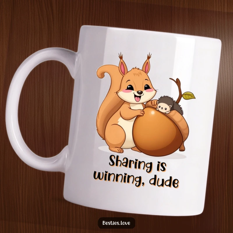 Funny mug with a happy squirrel giving a giant acorn to a tiny hedgehog, showcasing an act of kindness and friendship.