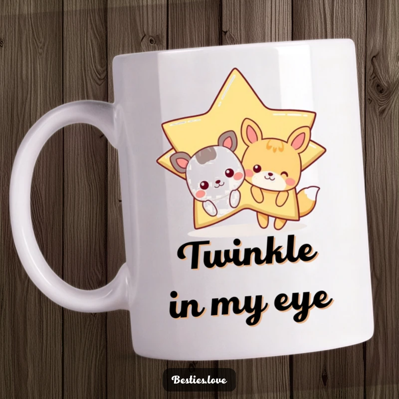 Funny Star Animals Mug with cartoon animals peeking from behind a giant, winking star, celebrating friendship and fun.