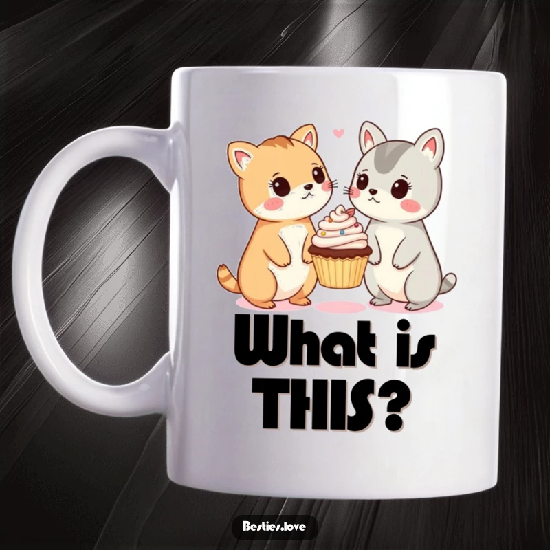 Funny mug with two cute animals making surprised faces looking at a small, floating cupcake, capturing a moment of disbelief.