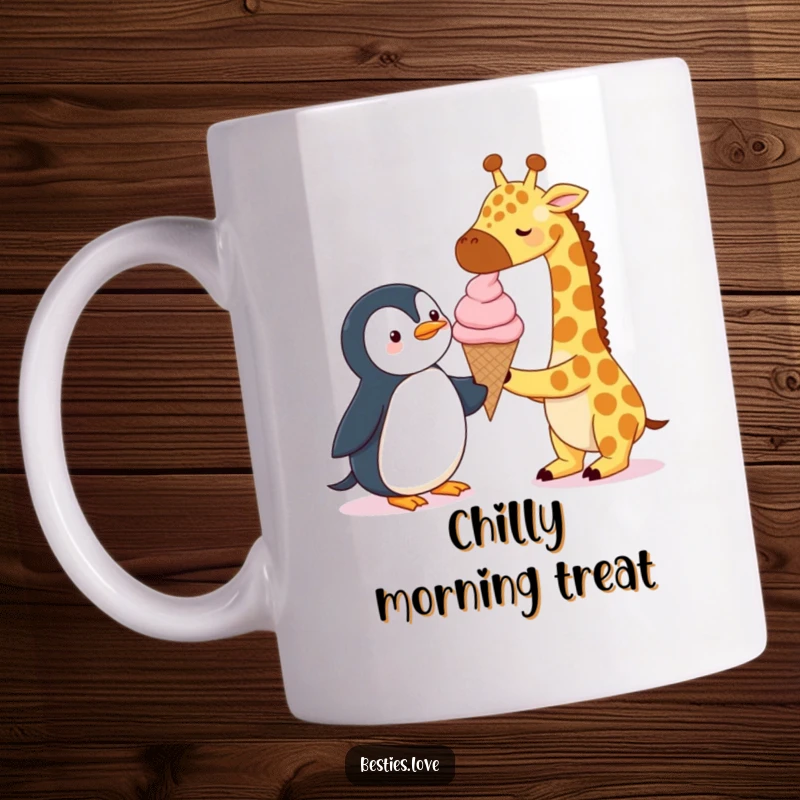 Funny Mug: A giraffe and a penguin precariously share one giant ice cream cone, a humorous depiction of an unlikely and sweet friendship.